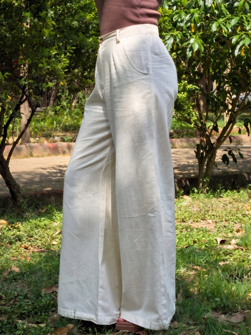 high waisted wide leg beige cotton pants for women.