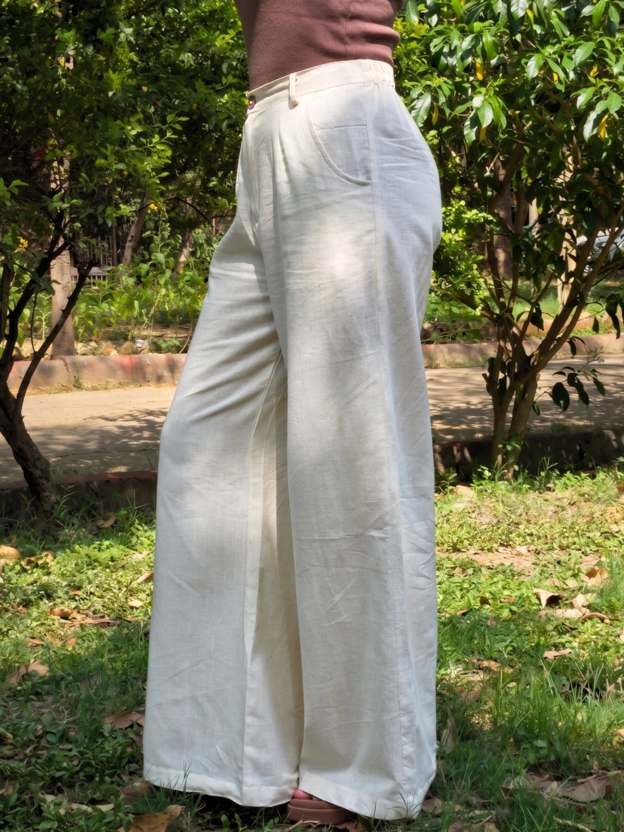 high waisted wide leg beige cotton pants for women.
