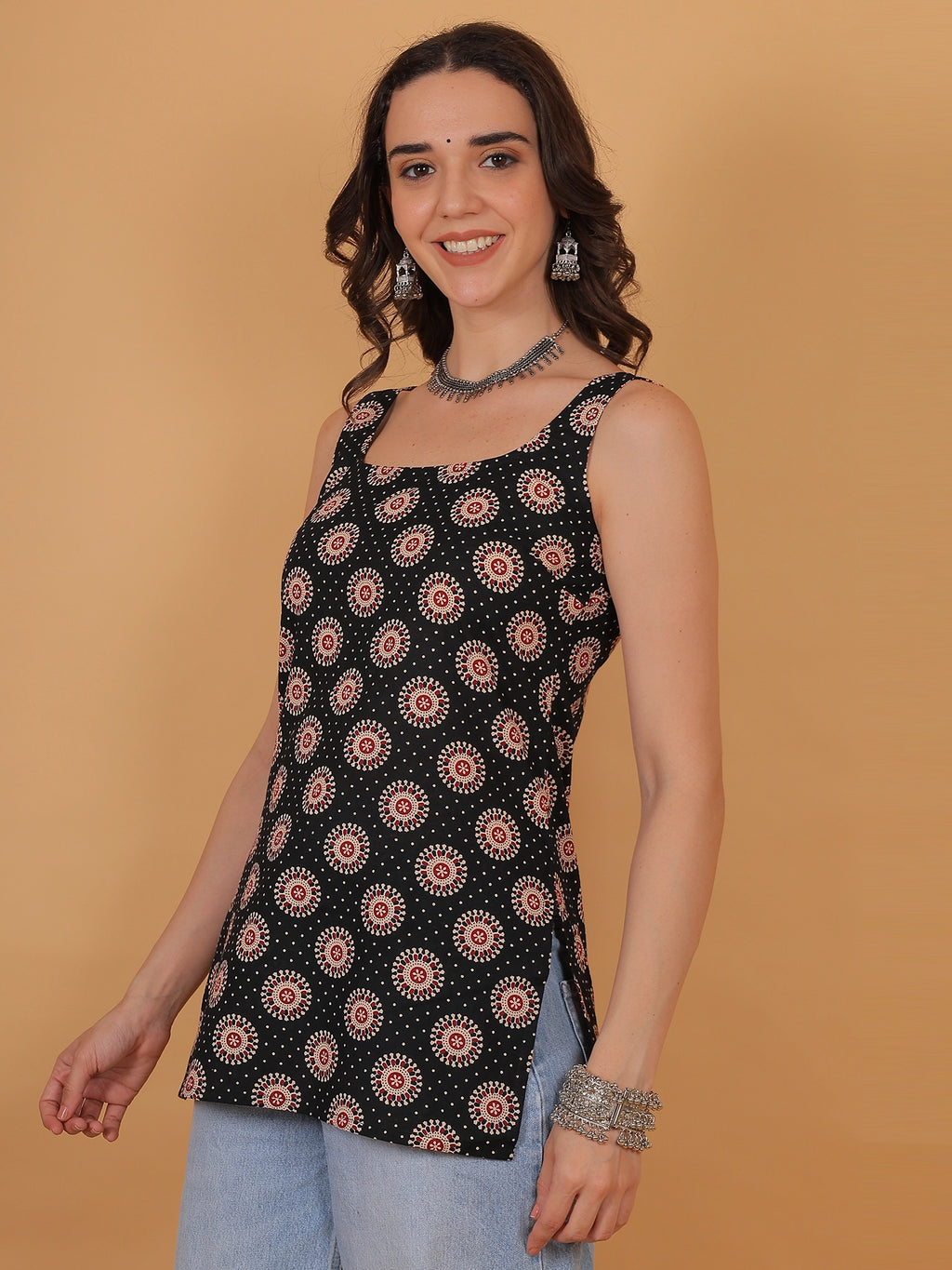 Side-profile movement of an indian wear short kurti, showing how the lightweight fabric drapes effortlessly for a modern indo western look.