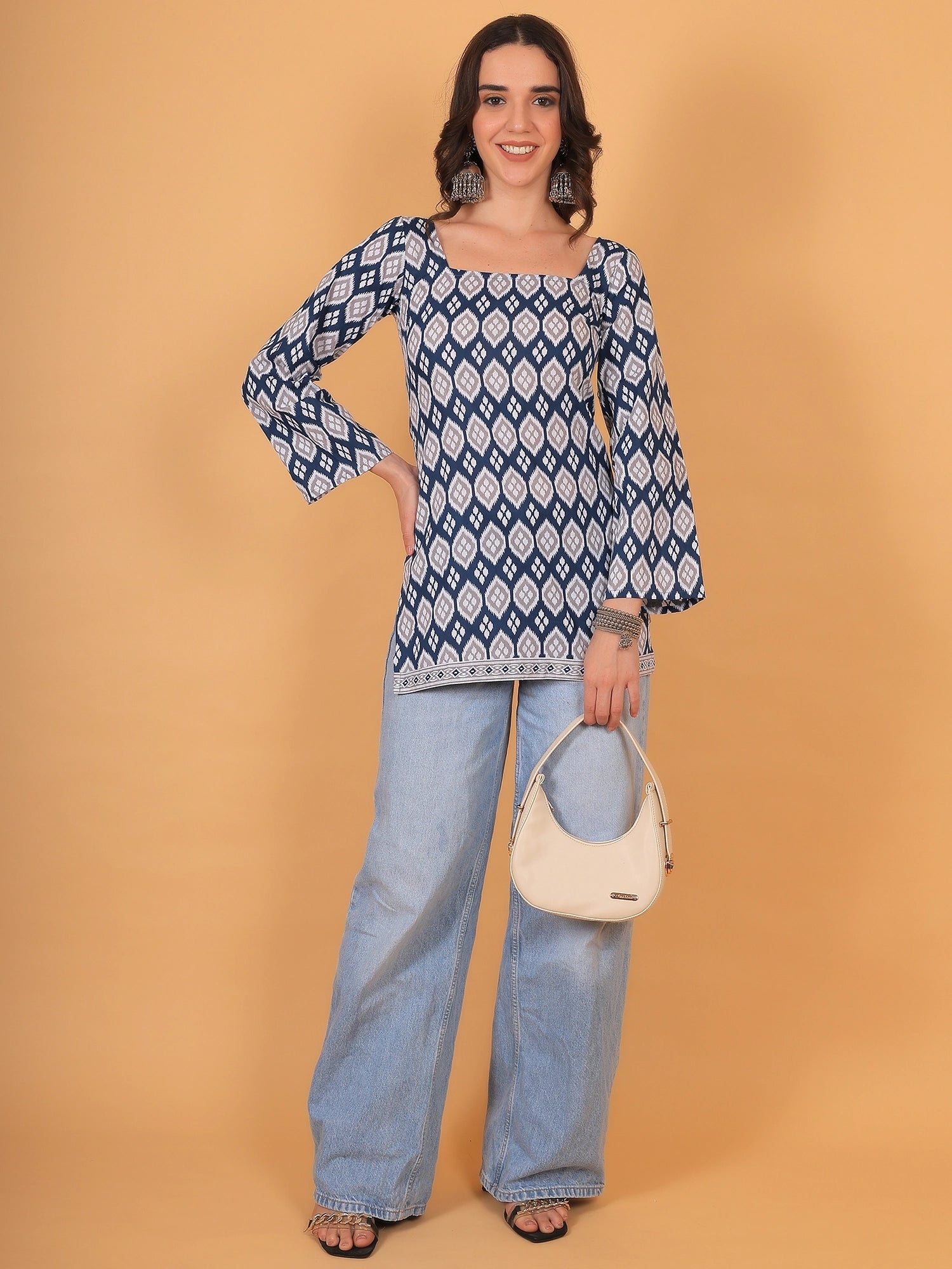 ZUACC blue summer kurti for women showcasing a square neckline and lightweight rayon fabric.