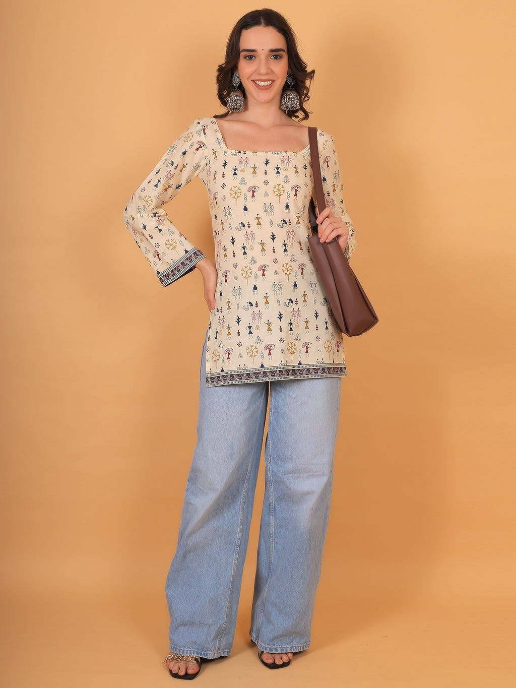 Boho-chic beige bell sleeve short kurti suitable for dailywear or office styling.