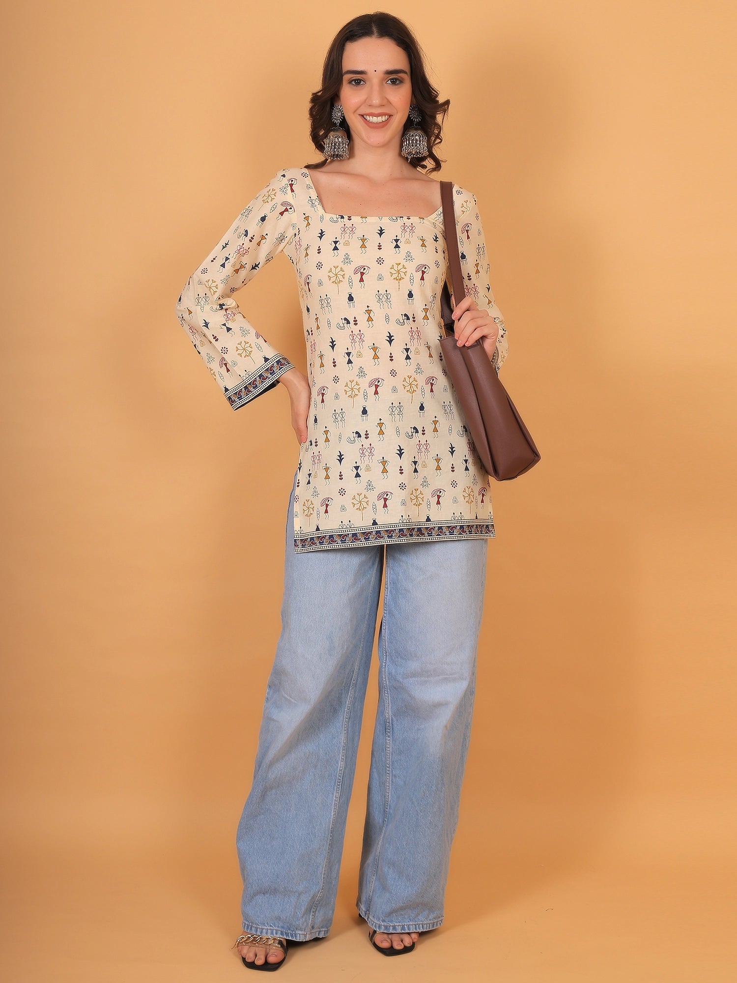 Boho-chic beige bell sleeve short kurti suitable for dailywear or office styling.