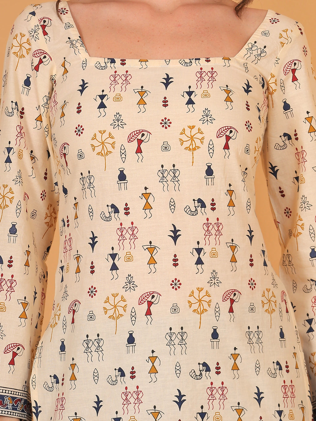 Indo western beige short kurti with full flared sleeves, perfect for college wear or an casual ethnic outfit.