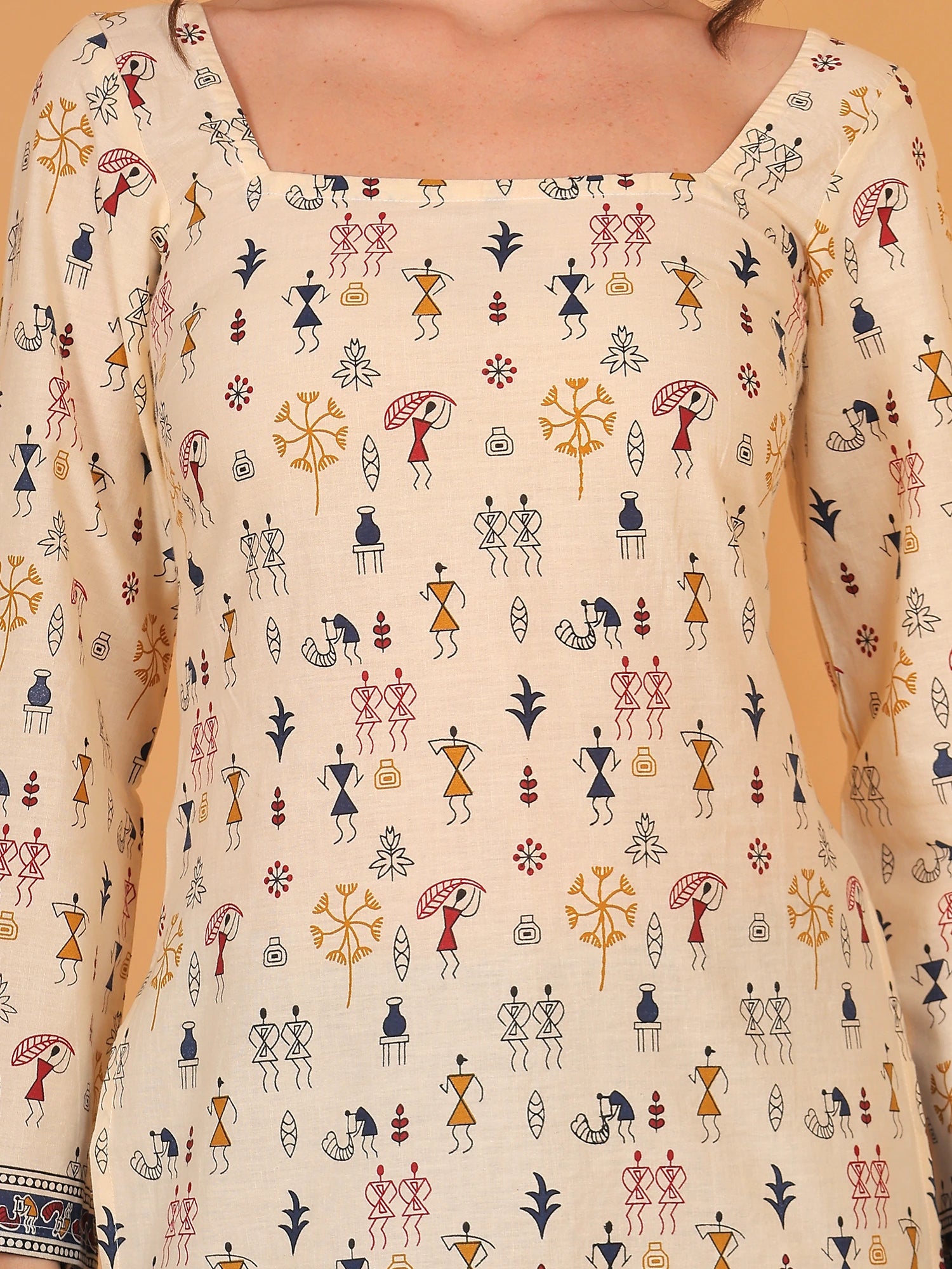 Indo western beige short kurti with full flared sleeves, perfect for college wear or an casual ethnic outfit.