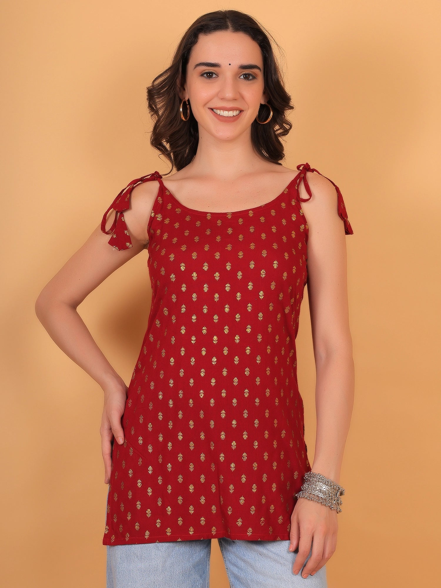 ZUACC The Surkh knot-strap kurti featuring a festive red and gold foil geometric print for women.