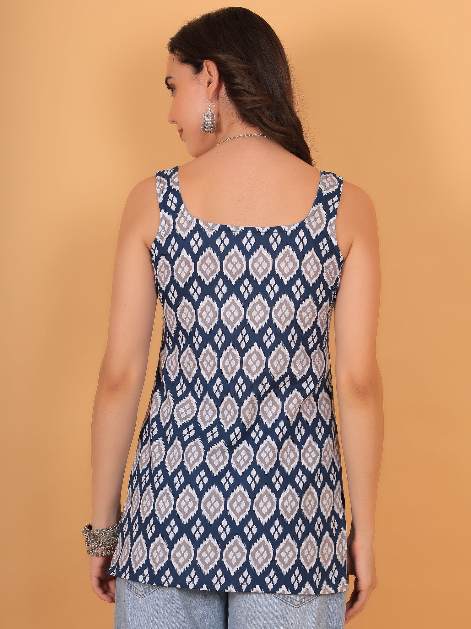 Trendy square neck design on blue sleeveless cotton kurti