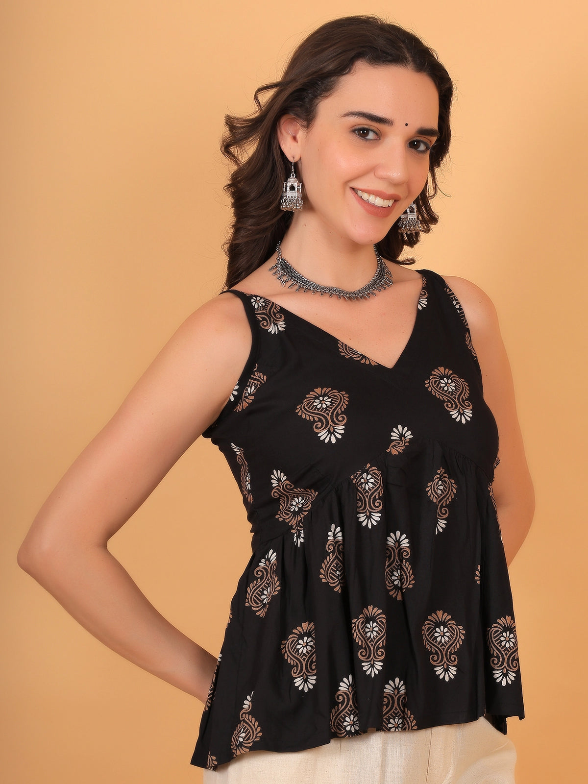 Zuacc black ethnic fit and flare top for dailywear, an ideal indie style casual outfit.