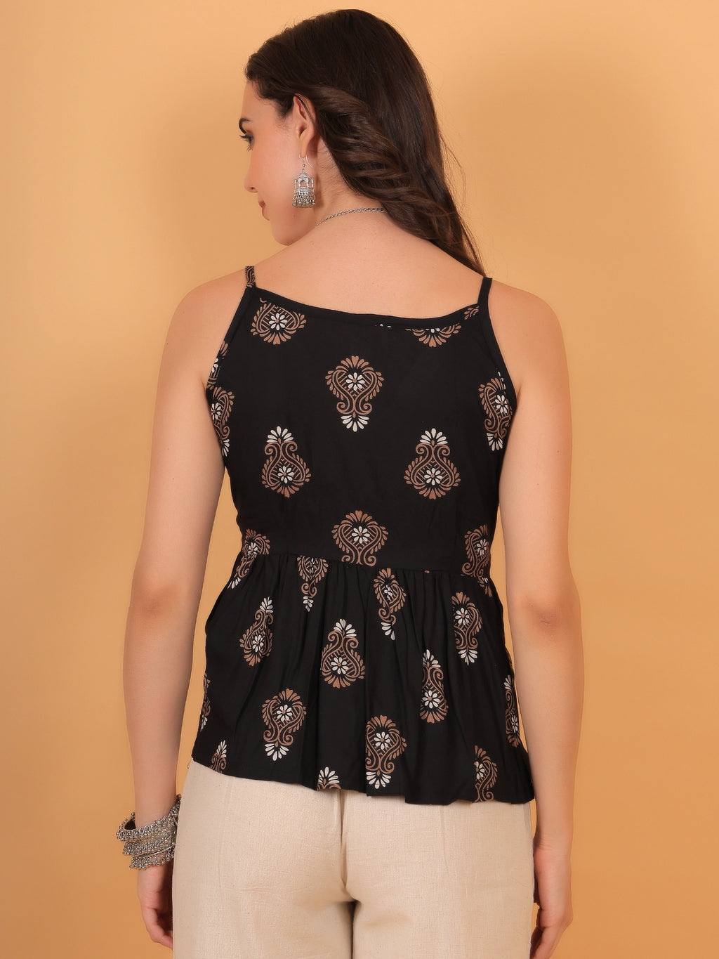 Back view of the sleeveless black Avira fit and flare ethnic top highlighting the clean silhouette and seamless motif print coverage.