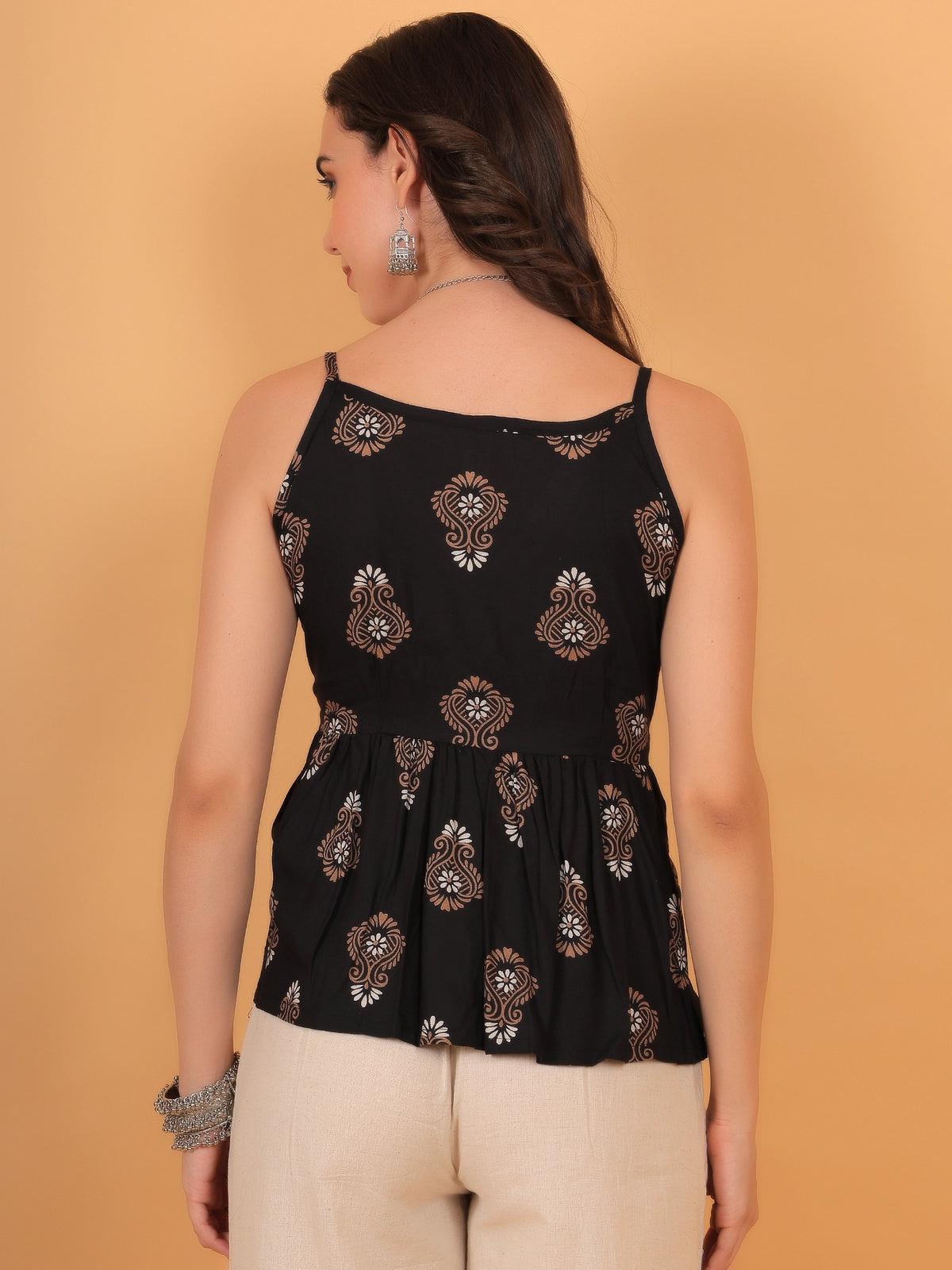 Back view of the sleeveless black Avira fit and flare ethnic top highlighting the clean silhouette and seamless motif print coverage.