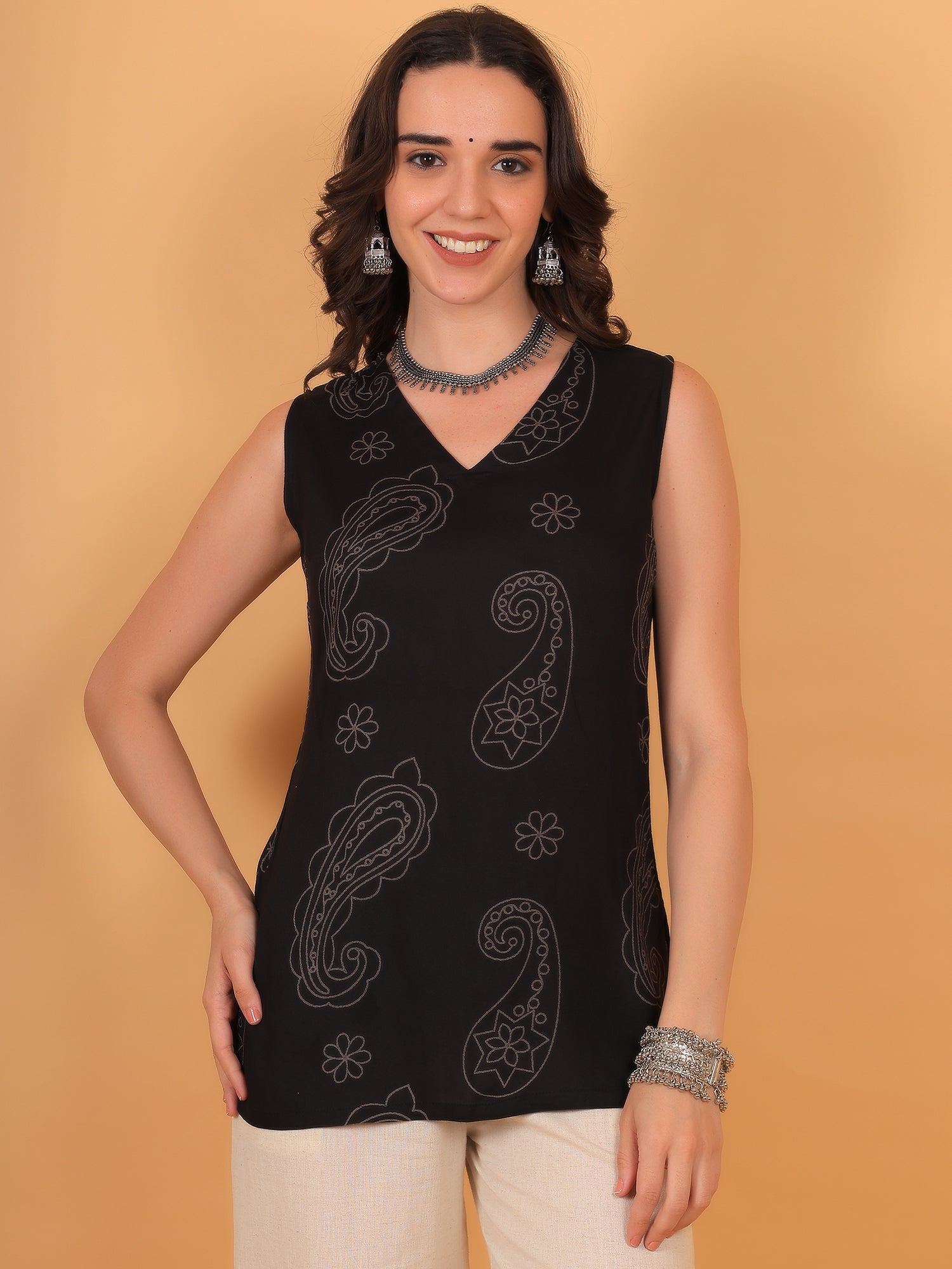 Sleeveless cotton printed kurti women's