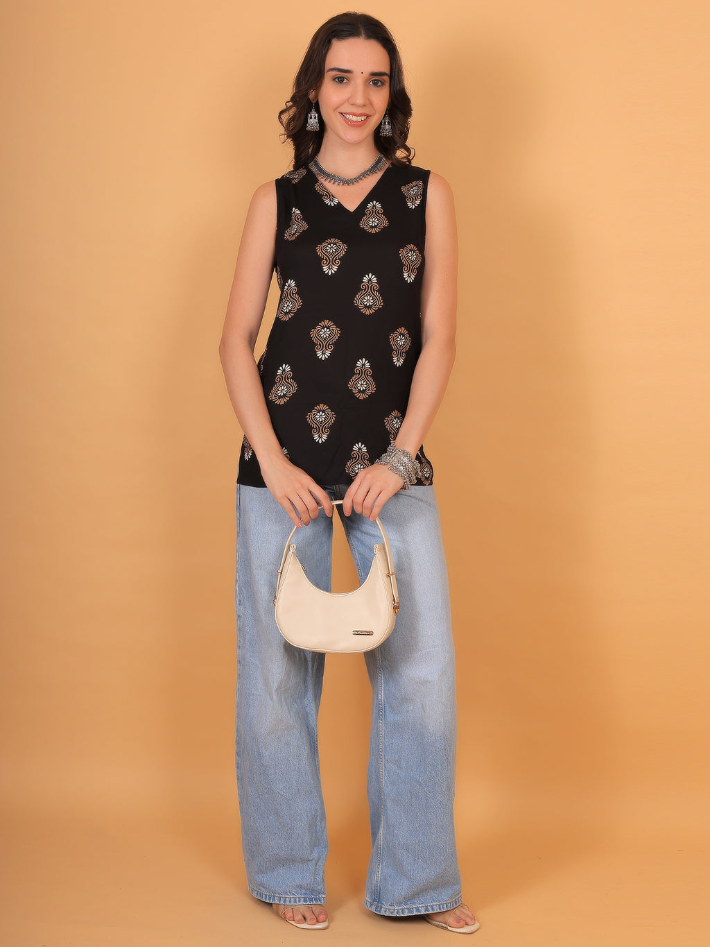 Zuacc black sleeveless printed short kurti for women's daily and college wear