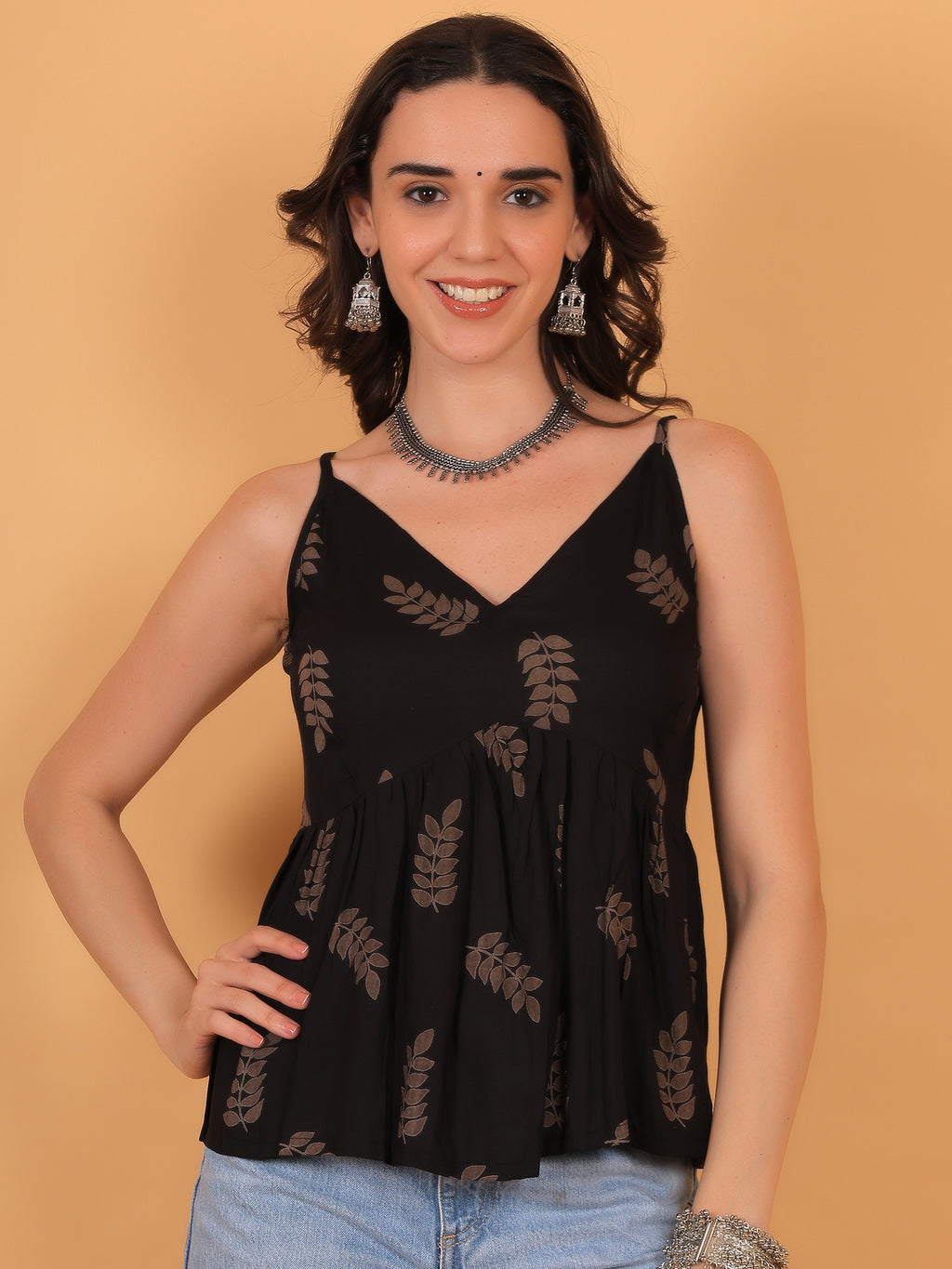 Ethnic black top for white or beige pants