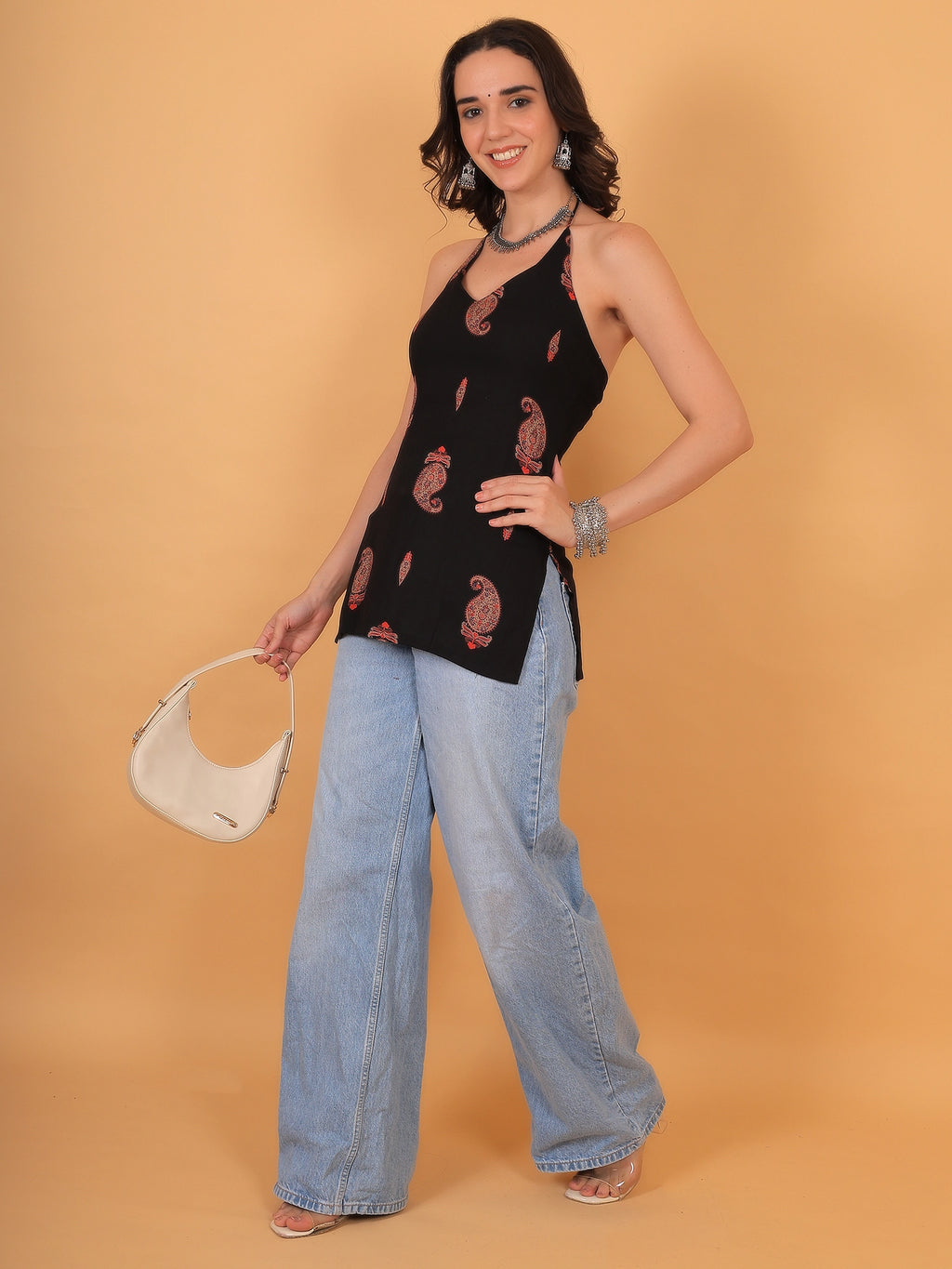 Front view of the ZUACC Indira sleeveless halter neck kurti, emphasizing its modern, edgy ethnic casual aesthetic.