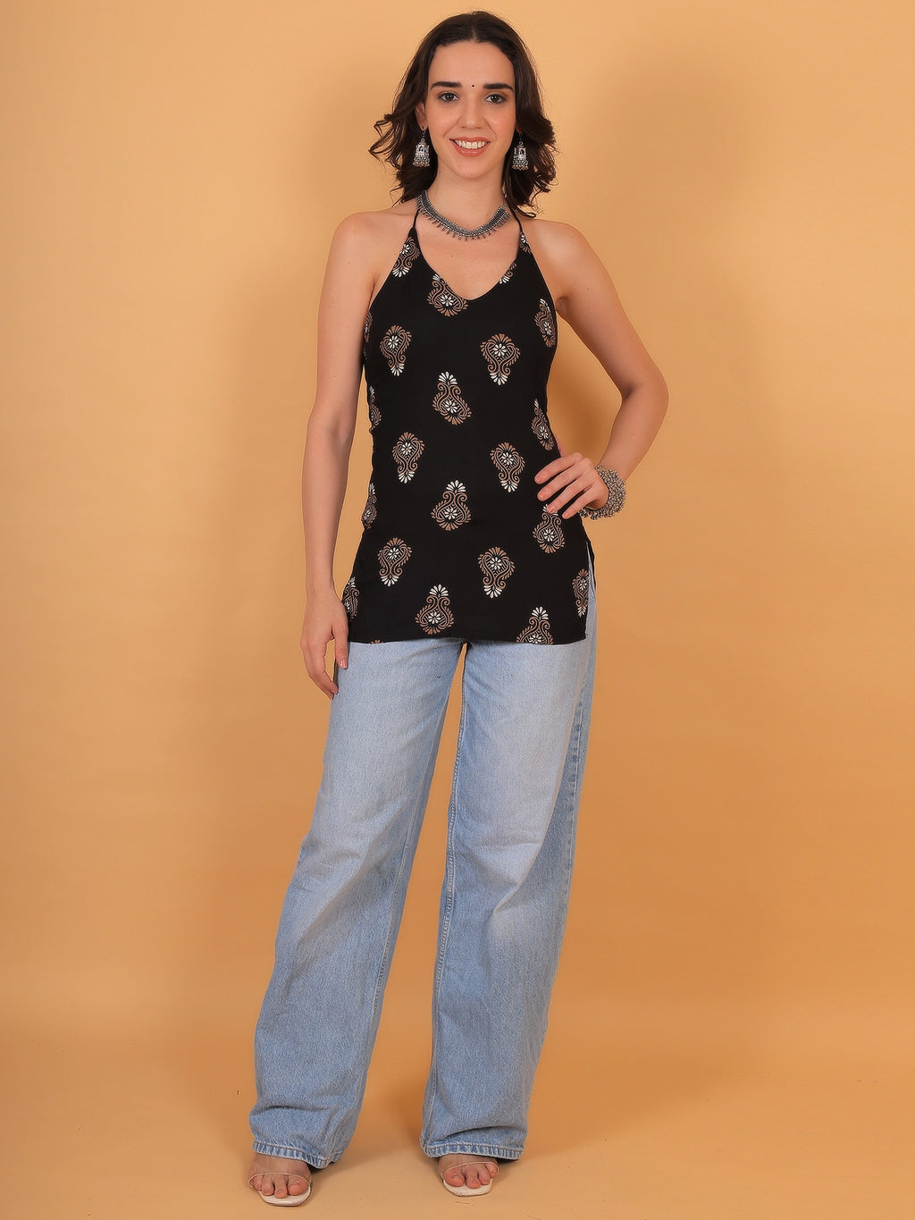 Zuacc black printed backless kurti for women, ideal for ethnic casual or party wear.