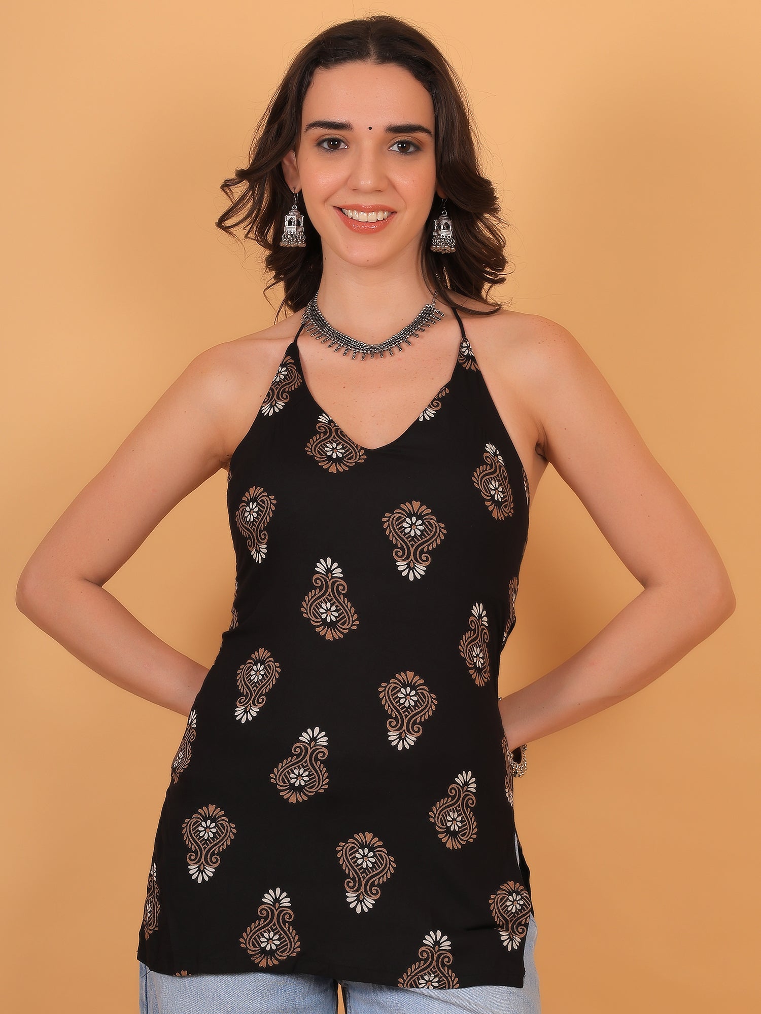  Zuacc Black printed sleeveless kurti with corset dori back 