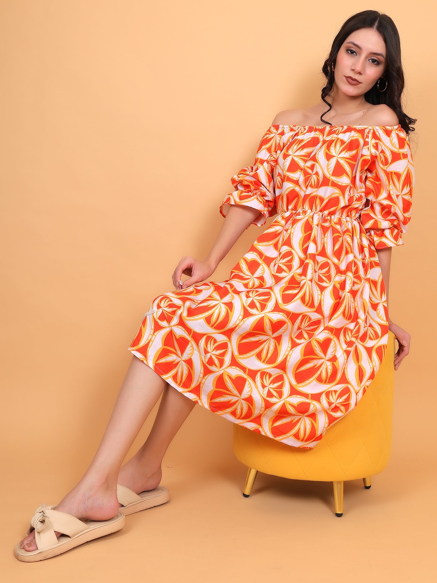 ZUACC orange off shoulder midi dress with abstract print and puff sleeves