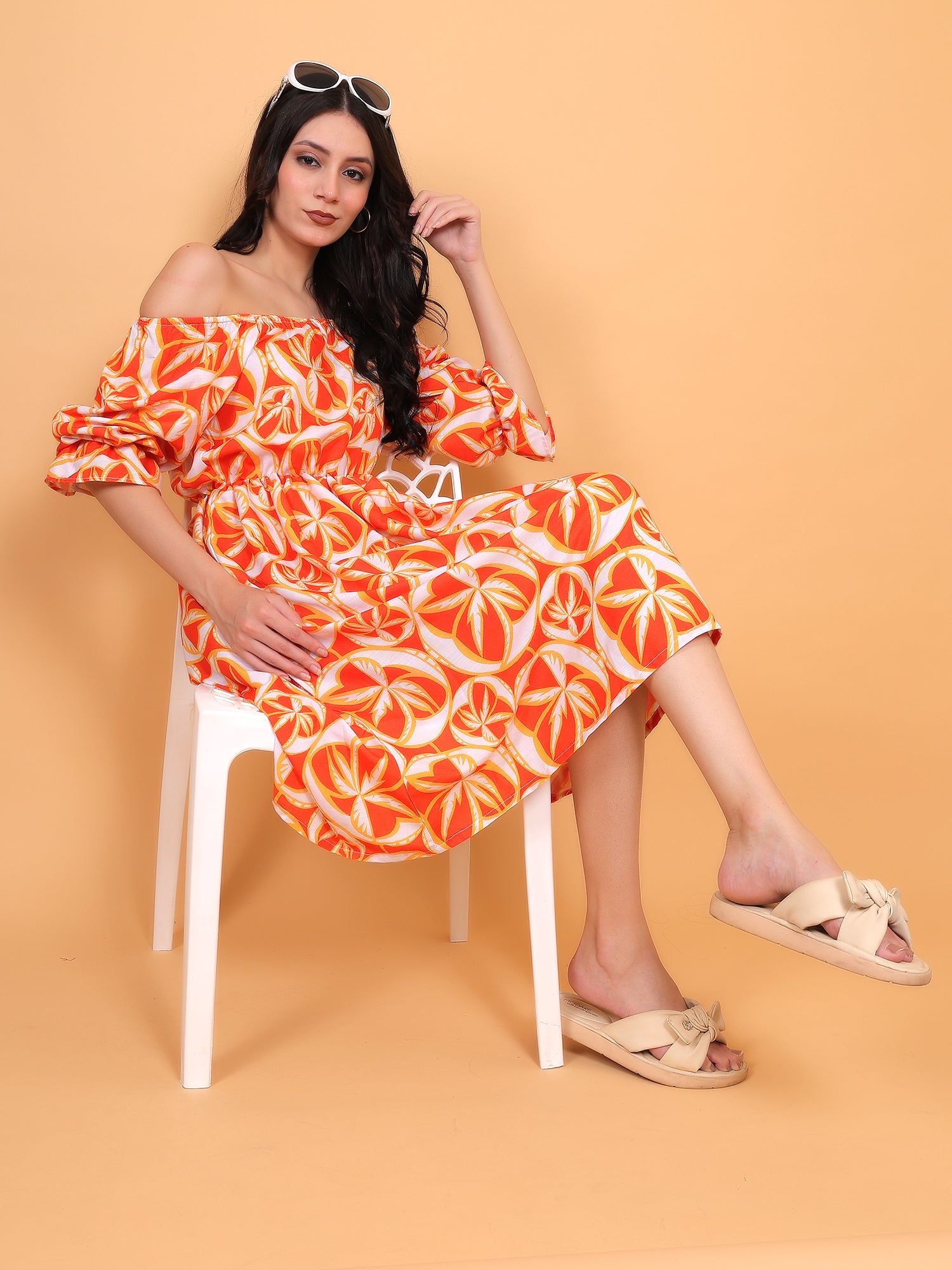 ZUACC trendy off shoulder orange dress with 3/4 puff sleeves