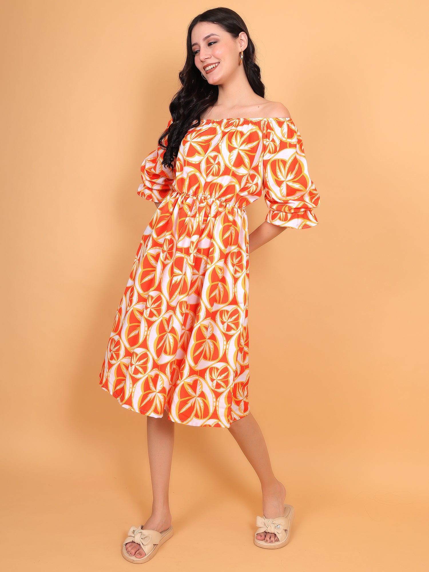 ZUACC orange off shoulder midi dress with abstract print and puff sleeves