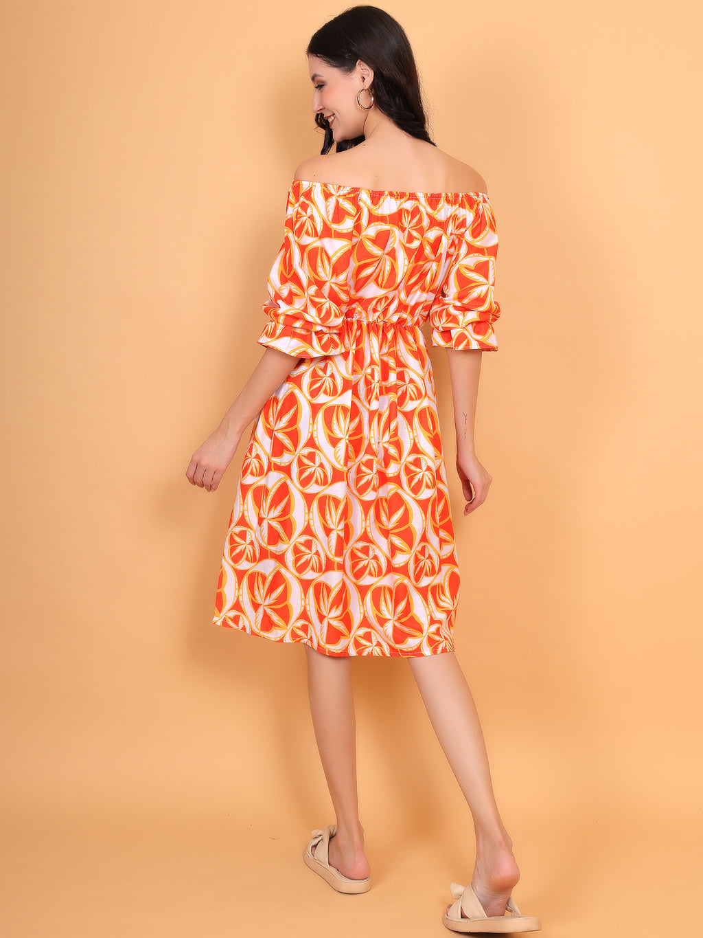 ZUACC trendy off shoulder orange dress with 3/4 puff sleeves