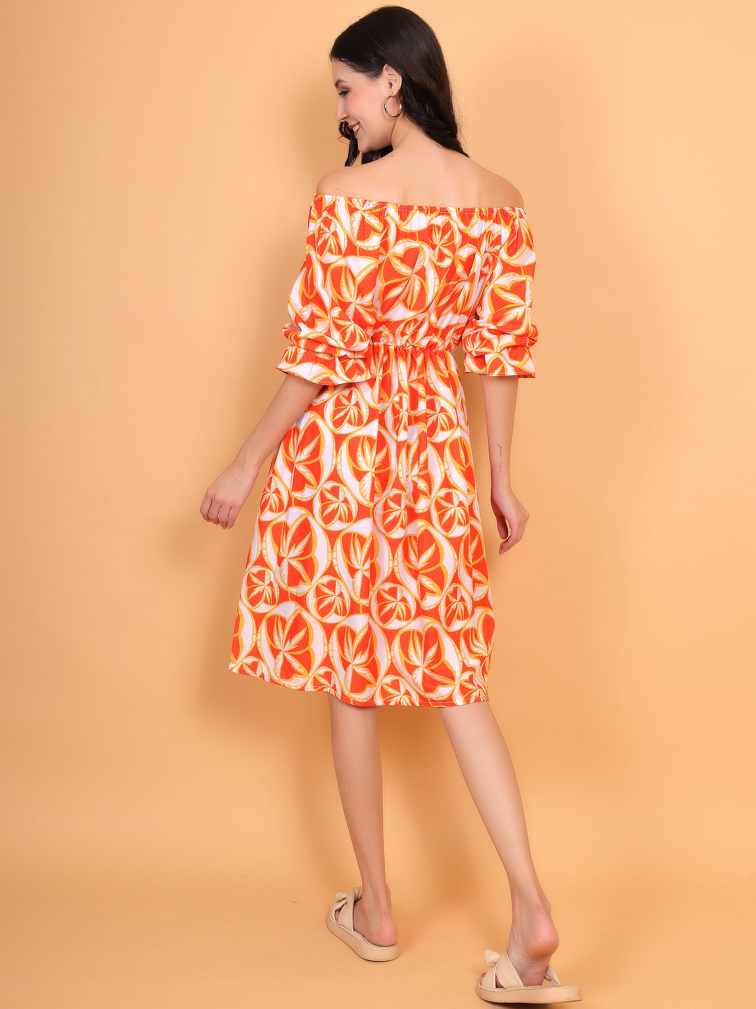 ZUACC trendy off shoulder orange dress with 3/4 puff sleeves