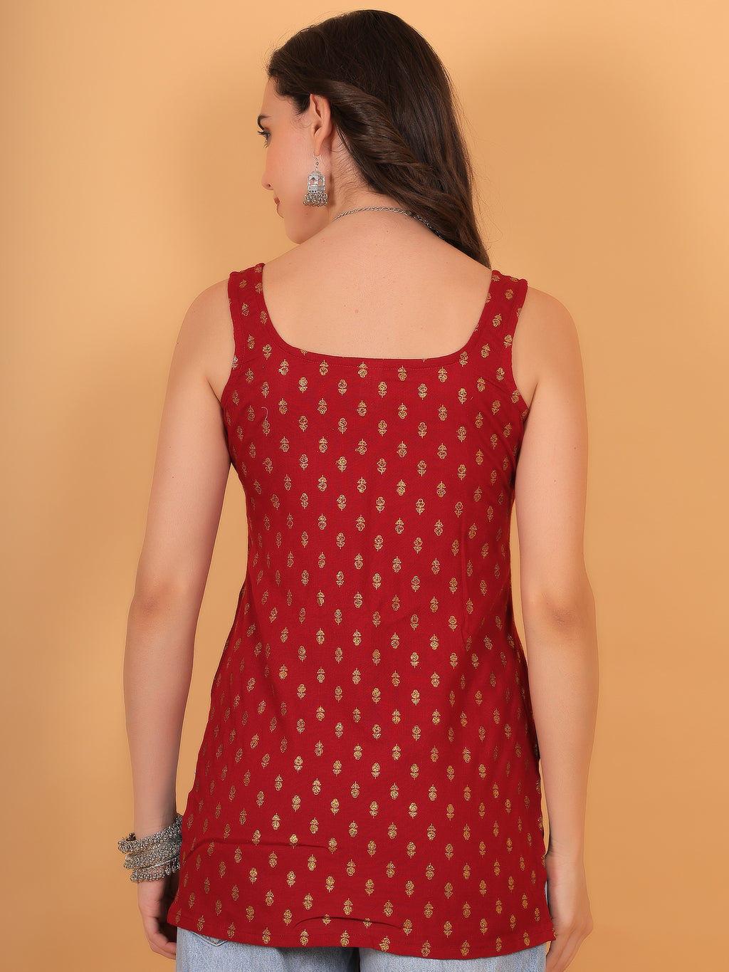 Back view of simple sleeveless red kurti perfect for festive occasions