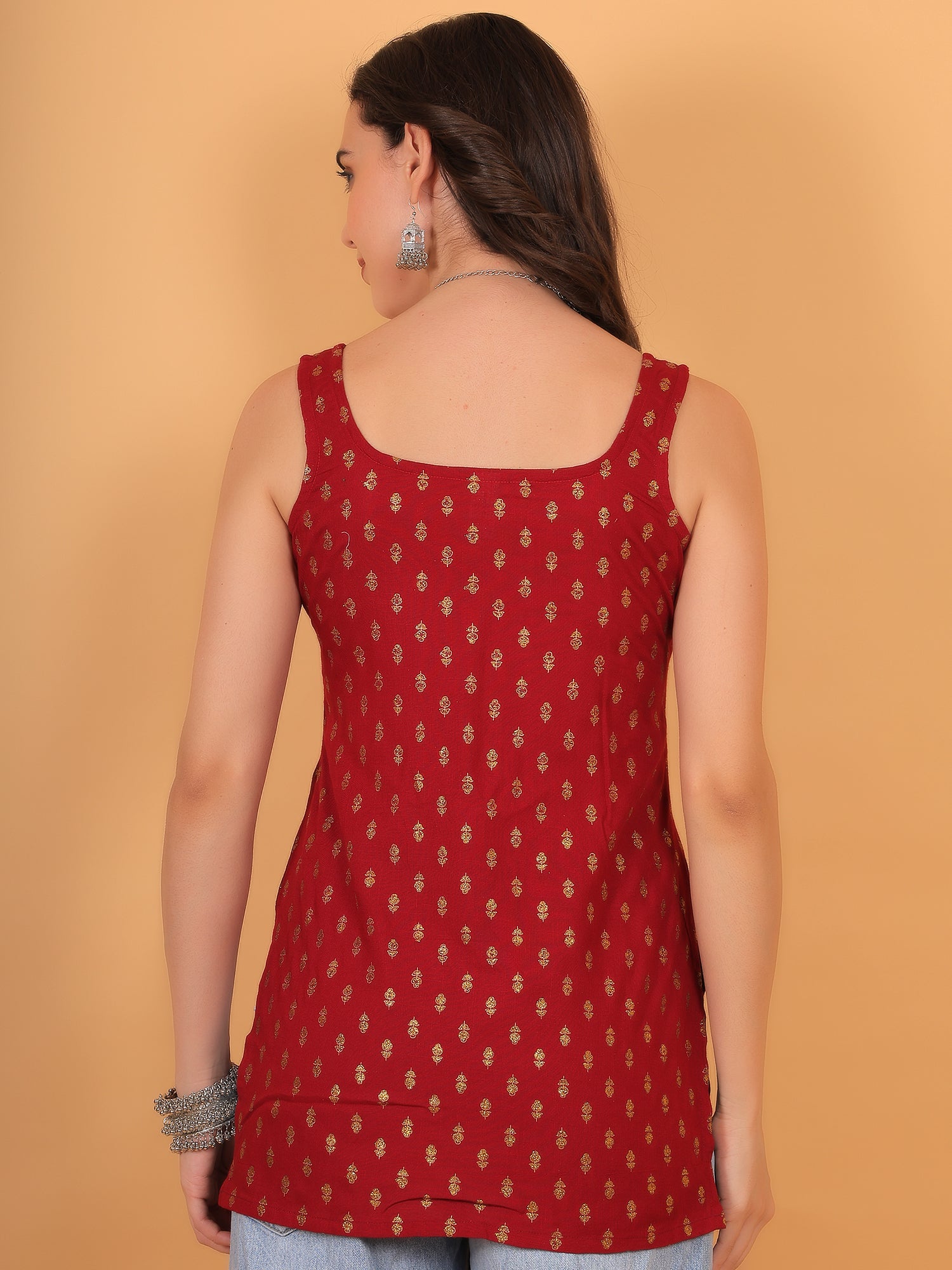 Back view of simple sleeveless red kurti perfect for festive occasions