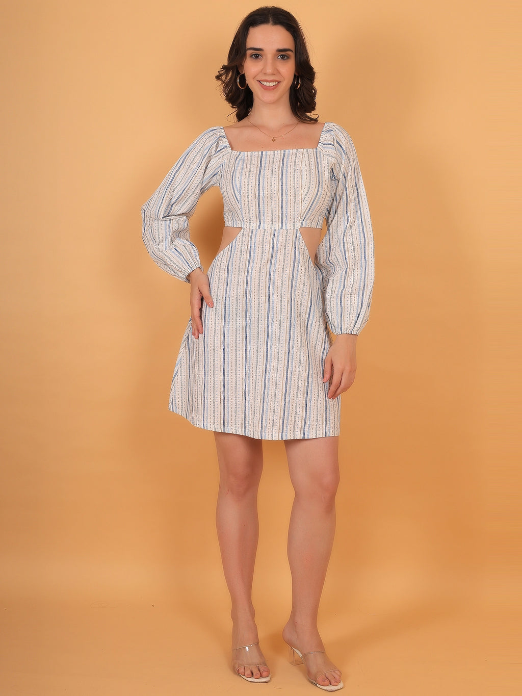 Front view fit inspo of a women white dress with blue stripes, featuring elegant puff sleeves and a square neckline, perfect styling for a daytime outing.