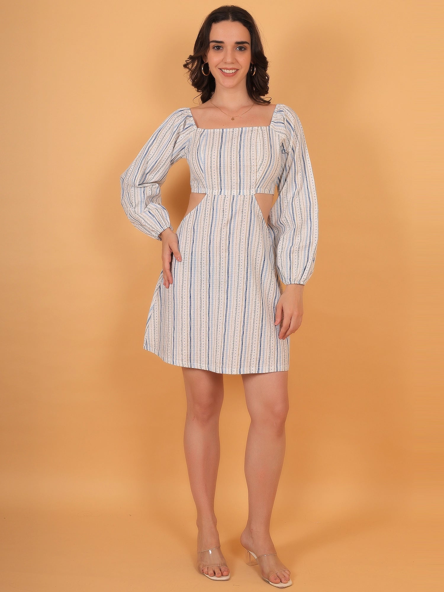 Front view fit inspo of a women white dress with blue stripes, featuring elegant puff sleeves and a square neckline, perfect styling for a daytime outing.