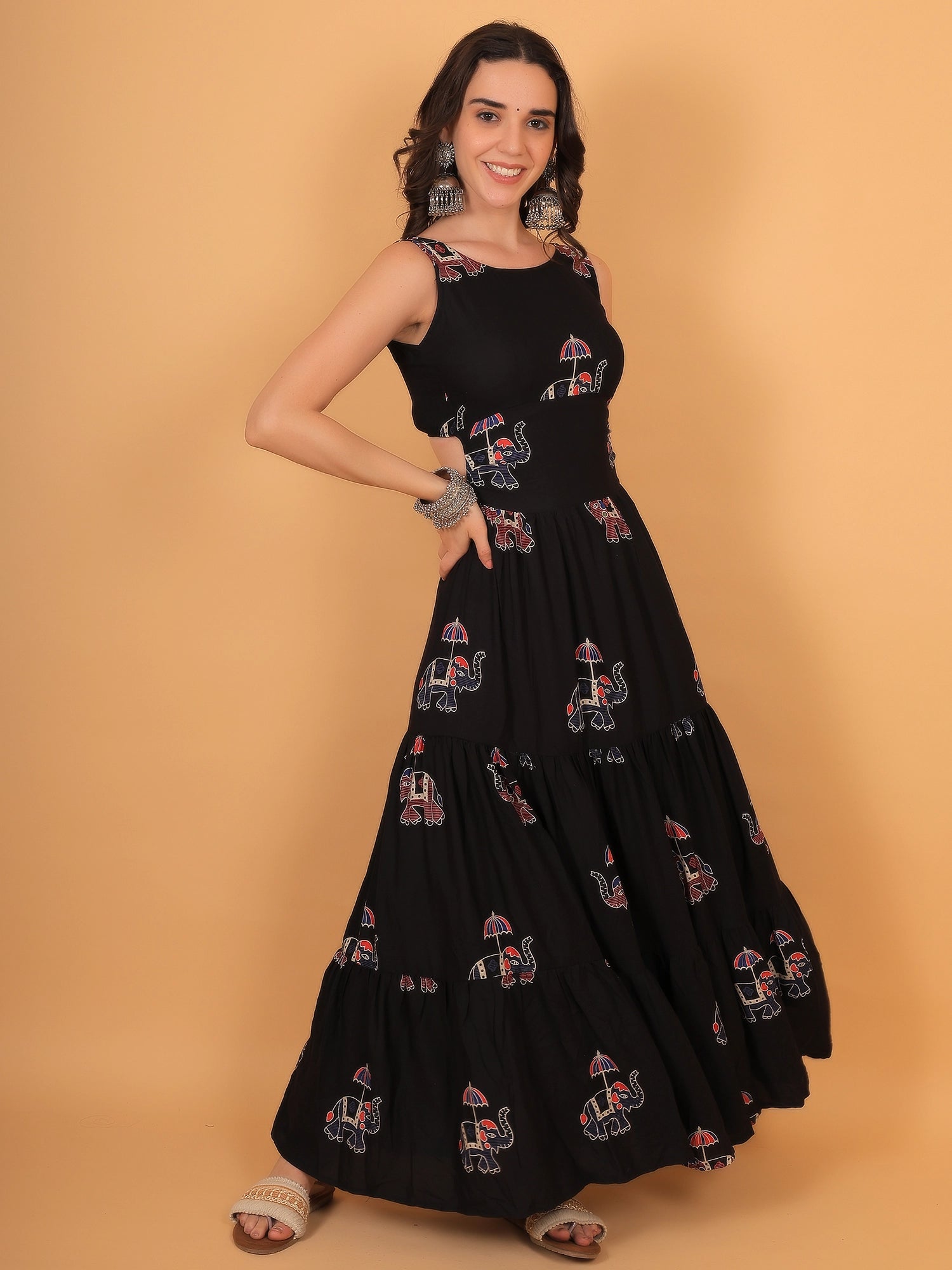 Dynamic side-angle view of a sleeveless black traditional dress, providing a comfortable and breathable fabric drape for festive wear celebrations.