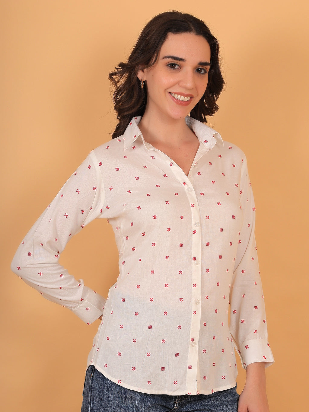 Side profile of a women white long sleeve shirt, showcasing the fitted silhouette and comfortable drape ideal for daily officewear or college wear.